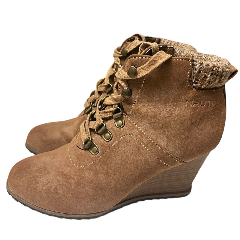 Nautica Galva Almond Toe Wedge Lace up Ankle Boot Brown Faux Suede Knit Cuff 8.5